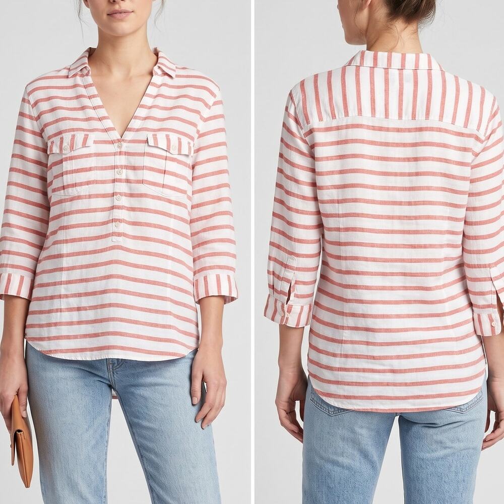 Gap Factory Large Striped 3/4 Sleeve Top Linen Cotton Blend